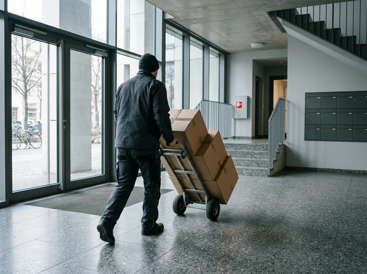 Mitarbeiter transportiert Pakete mit einer Sackkarre durch den hellen Eingangsbereich eines Wohnhauses