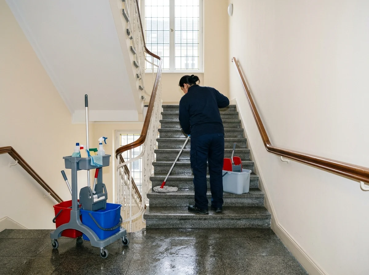 Reinigungskraft wischt mit Reinigungswagen die Steinstufen im Treppenhaus eines Berliner Wohnhauses